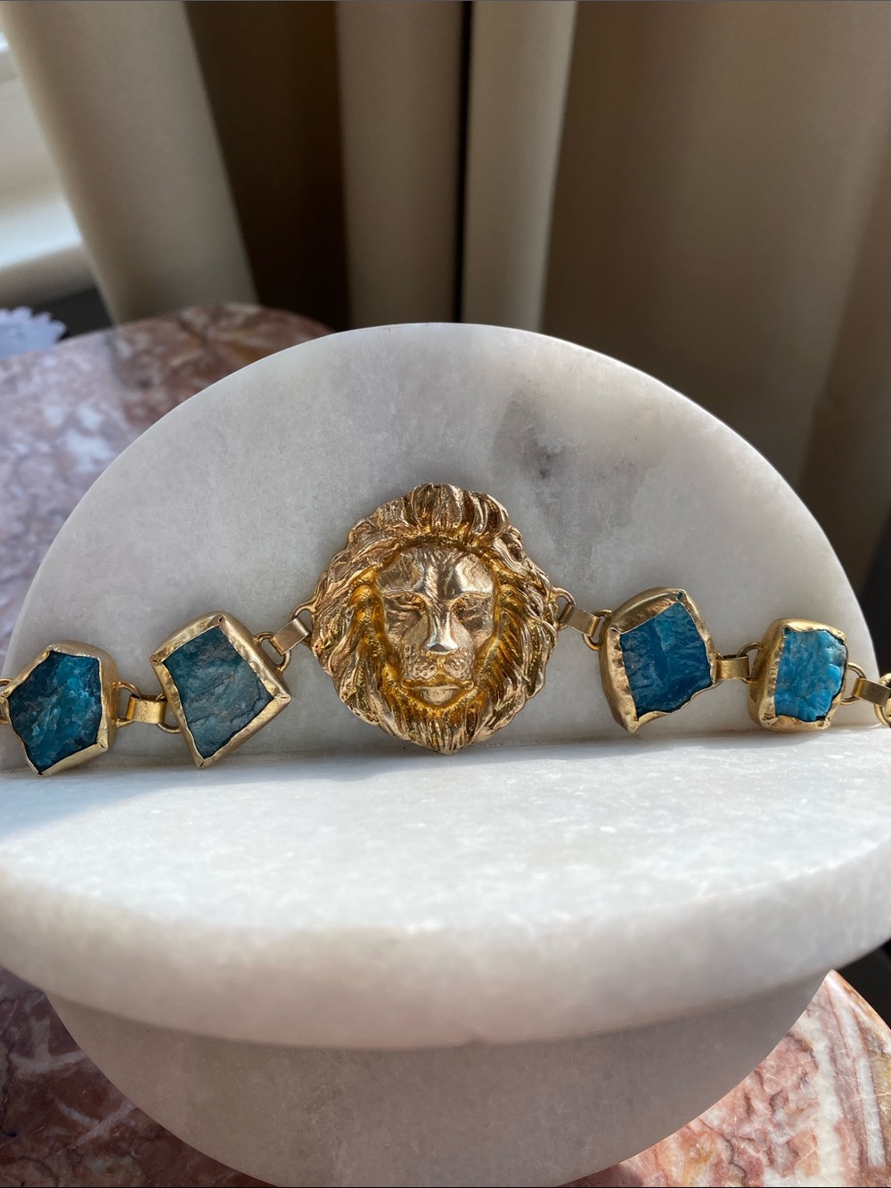 Gold Toned Lion Bracelet with Teal Rough Stones